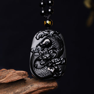 Buddha Gift Natural Black Obsidian Koi Fish Lotus Strength Beaded Necklace Pendant