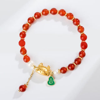 Buddha Gift Year Of The Dragon Natural Red Agate Pink Crystal Black Onyx Dumpling Luck Fu Character Bracelet