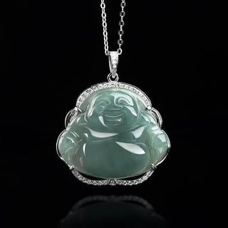 Buddha Gift 925 Sterling Silver Laughing Buddha Natural Jade Luck Necklace Chain Pendant