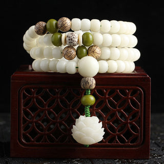 Buddha Gift White Jade Bodhi Lotus Mala Harmony Necklace Bracelet