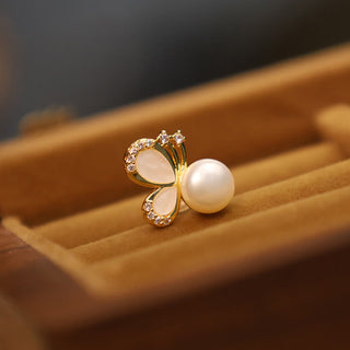 Buddha Gift 925 Sterling Silver Posts 18K Gold Plated Copper Natural Pearl Butterfly Zircon Healing Stud Earrings