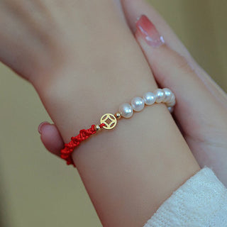 Buddha Gift 14K Gold Plated Pearl Bead Luck Protection Braid Red String Bracelet