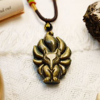 Buddha Gift Natural Rainbow Obsidian Gold Sheen Obsidian Nine Tailed Fox Positive Necklace Pendant