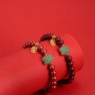 Buddha Gift 925 Sterling Silver Year of the Dragon Natural Cinnabar Hetian Jade Dragon Fu Character Ruyi As One Wishes Charm Blessing Bracelet (Extra 30% Off | USE CODE: FS30)