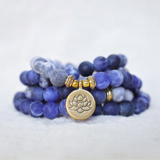 Buddha Gift 108 Natural Picasso Jasper & Blue Stone Mala Bead Lotus Pendant Bracelet