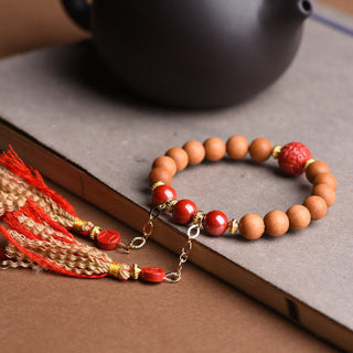 Buddha Gift Tibetan Natural Peach Wood Cinnabar PiXiu Wealth Tassels Bracelet