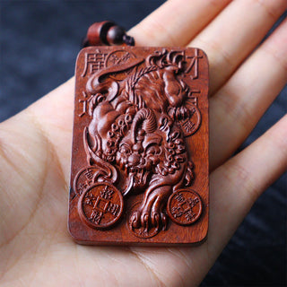 Buddha Gift Natural Lightning Struck Jujube Wood PiXiu Copper Coin Good Fortune Necklace Pendant