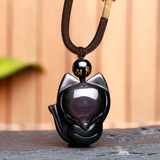 Buddha Gift Natural Rainbow Obsidian Gold Sheen Obsidian Nine Tailed Fox Positive Necklace Pendant