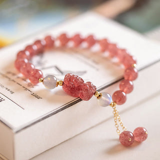 Buddha Gift Natural Strawberry Quartz Moonstone PiXiu Love Healing Bracelet
