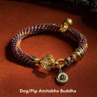 Buddha Gift 925 Sterling Silver Chinese Zodiac Natal Buddha Om Mani Padme Hum Luck Bell Braided String Bracelet