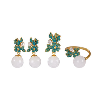Buddha Gift White Jade 925 Sterling Silver Pearl Flower Blessing Necklace Pendant Ring Earrings