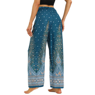 Buddha Gift Boho Peacock Feathers Lace-up Wide Leg Pants Women's Yoga Pants