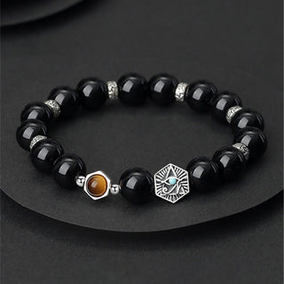 Buddha Gift 925 Sterling Silver Black Obsidian Tiger Eye Eye of Providence Purification Bracelet