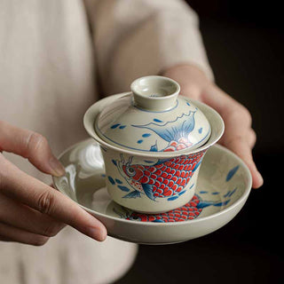 Buddha Gift Koi Fish Arowana Ceramic Gaiwan Sancai Teacup Kung Fu Tea Cup With Lid 130ml