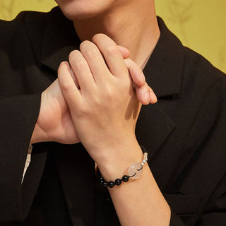 Buddha Gift 925 Sterling Silver Black Obsidian Agate Peace Buckle Strength Bracelet