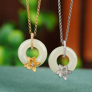 Buddha Gift 925 Sterling Silver Hetian Jade Peace Buckle Flower Luck Necklace Pendant