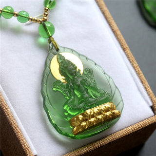 Buddha Gift Tibetan Green Tara Buddha Gold Plated Liuli Crystal Protection Necklace Pendant