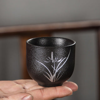 Buddha Gift Hand Painted Lotus Flower Bamboo Chrysanthemum Black Pottery Ceramic Teacup Kung Fu Tea Cup 95ml