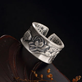 Buddha Gift 999 Sterling Silver Luck Koi Fish Lotus Heart Sutra Wealth Ring