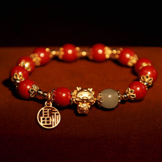 Buddha Gift Year of the Dragon Natural Cinnabar Fu Character Charm Blessing Bracelet