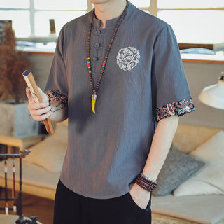 Buddha Gift Frog-Button Dragon Embroidery Chinese Tang Suit Short Sleeve Shirt Linen Men Clothing
