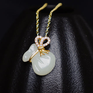 Buddha Gift Natural Hetian White Jade Luck Money Bag Necklace Pendant