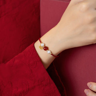 Buddha Gift 925 Sterling Silver Good Fortune Fu Character Agate Pearl Red String Braid Bracelet