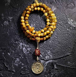Buddha Gift 108 Mala Beads Natural Tiger Eye Copper Dorje Protection Tassel Bracelet