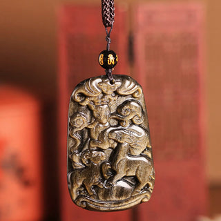 Buddha Gift Gold Sheen Obsidian Three Goats Bring Good Luck Pattern Wealth Necklace Pendant