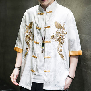Buddha Gift Frog-Button Chinese Dragon Embroidery Half Sleeve Shirt Linen Men Clothing