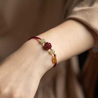Buddha Gift Natural Cinnabar Chinese Zodiac Hetian Jade Fu Character Luck Rope Bracelet