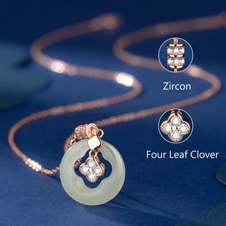 Buddha Gift 925 Sterling Silver Natural Hetian Jade Lucky Four Leaf Clover Zircon Necklace Pendant With Gift Box