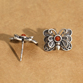 Buddha Gift 925 Sterling Silver Red Agate Butterfly Self-acceptance Ring Earrings Set