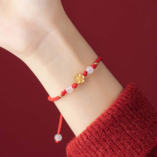 Buddha Gift Handmade 925 Sterling Silver Peach Blossom Cherry Sakura Chalcedony Bead Luck Red Rope Bracelet
