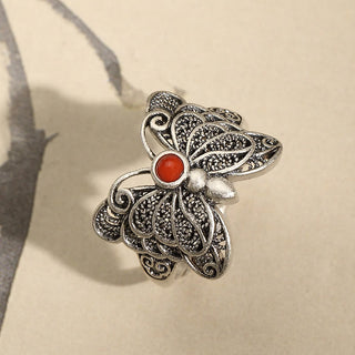 Buddha Gift 925 Sterling Silver Red Agate Butterfly Self-acceptance Ring Earrings Set