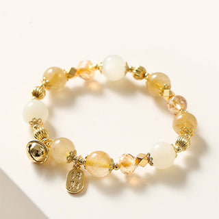 Buddha Gift 14K Gold Plated Golden Rutilated Quartz Wealth Bell Lucky Fortune Charm Bracelet