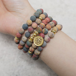 Buddha Gift 108 Mala Beads Picasso Jasper Stone Courage Energy Bracelet