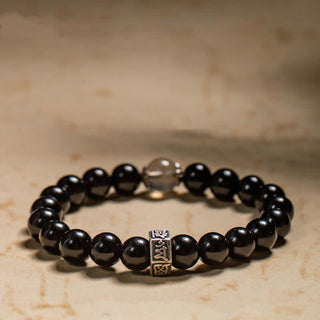 Buddha Gift Chinese Zodiac Natal Buddha 925 Sterling Silver Black Obsidian Moonstone Strength Bracelet
