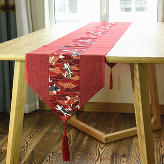 Buddha Gift Classic Chinese Style Lotus Koi Fish Flower Crane Calligraphy Enlightenment Cotton Linen Tassels Table Runner
