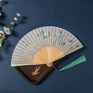 Buddha Gift Lotus Begonia Flower Jasmine Handheld Bamboo Folding Fan 21cm