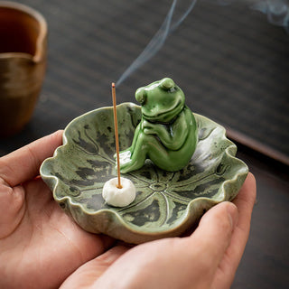 Buddha Gift Leaf Meditation Frog Pattern Healing Ceramic Incense Burner Decoration