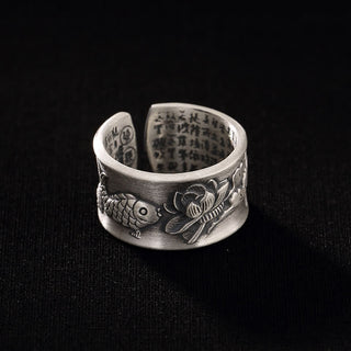 Buddha Gift 999 Sterling Silver Luck Koi Fish Lotus Heart Sutra Wealth Ring