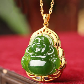 Buddha Gift 925 Sterling Silver Natural Hetian Cyan Jade Laughing Buddha 18K Gold Healing Necklace Chain Pendant