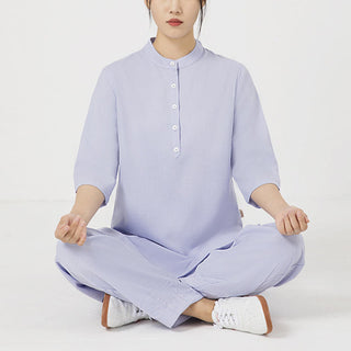 Buddha Gift 2Pcs Buttons Three Quarter Sleeve Shirt Top Pants Meditation Zen Tai Chi Cotton Linen Clothing Women's Set