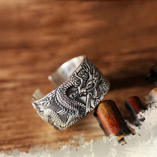 Buddha Gift 999 Sterling Silver Dragon Carved Pattern Protection Success Ring