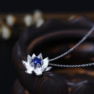 Buddha Gift 925 Sterling Silver Lazurite Lotus Flower Self Care Necklace Pendant