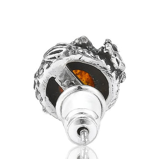 Buddha Gift 925 Sterling Silver Natural Amber Dragon Success Protection Stud Earring