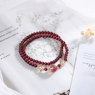 Buddha Gift 14K Gold Plated Natural Garnet Strawberry Quartz Butterfly Protection Double Wrap Bracelet