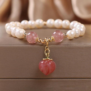 Buddha Gift Natural Pearl Strawberry Quartz Peach Love Heart Wisdom Charm Bracelet
