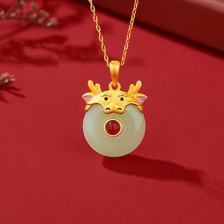 Buddha Gift 925 Sterling Silver Hetian Jade Chinese Zodiac Year of the Dragon Red Agate Luck Protection Necklace Pendant (Extra 30% Off | USE CODE: FS30)